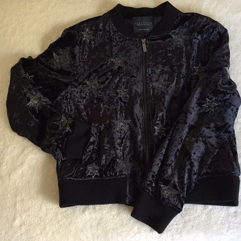 Velvet black bomber jacket with embroidered stars
